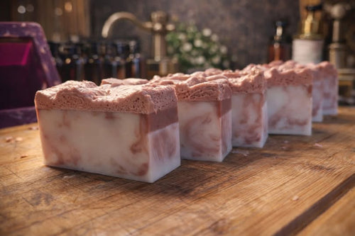 Row of soap bars with a marbled pattern on a wooden surface.