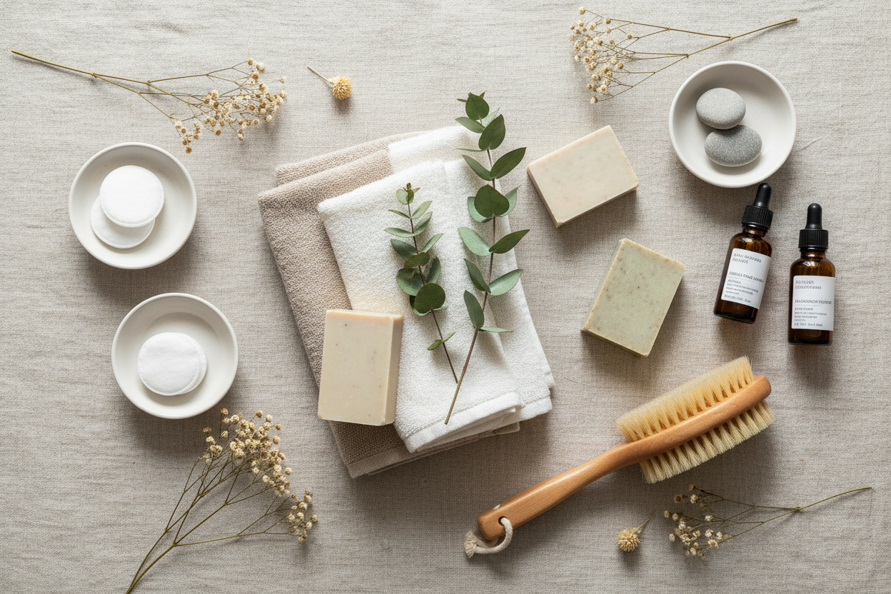 bathroom flat lay linen botanical