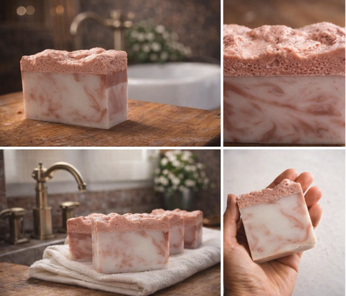 Collage of pink marbled soap bars in various settings